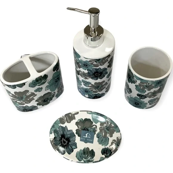 Floral Bath Accessory Ceramic Set Sun Splash Collection White Blue 4 Piece Set - Picture 3 of 9